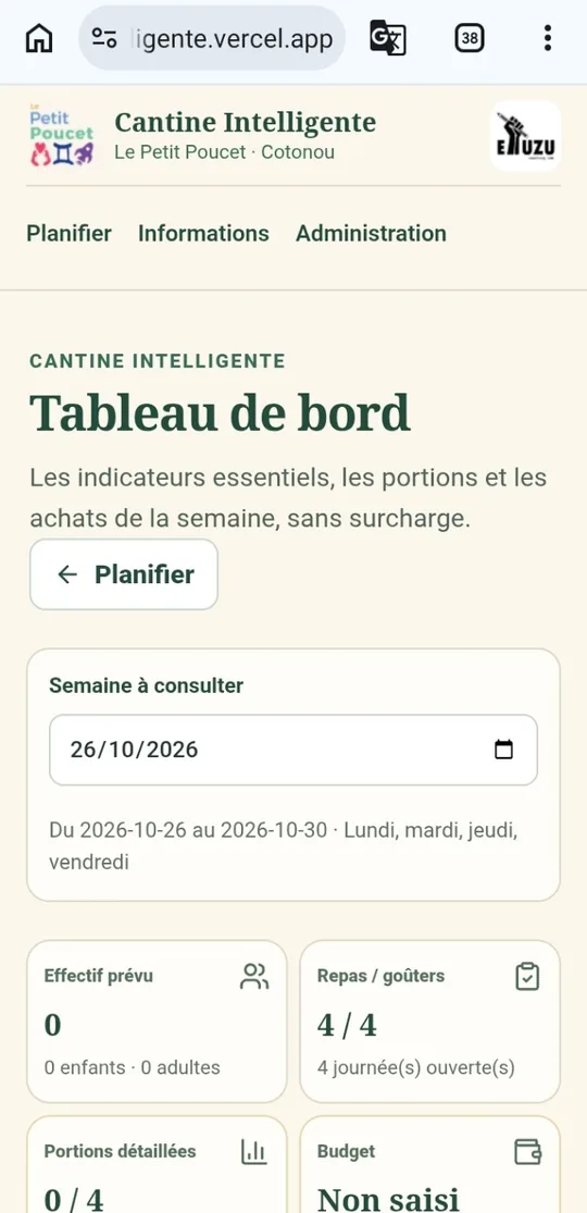 Indicateurs du tableau de bord Cantine Intelligente