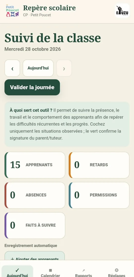 Tableau de bord quotidien du suivi de classe